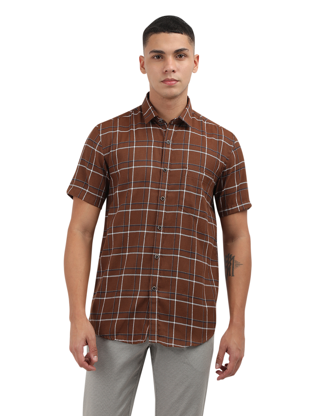 Model wearing Clarke Gable's Brown With White Checked Semi Casual Shirt in a casual setting
