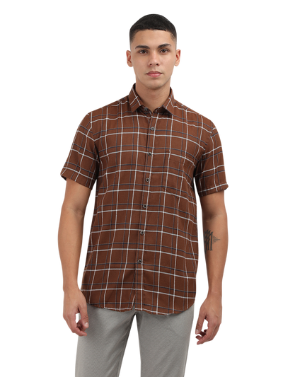 Model wearing Clarke Gable's Brown With White Checked Semi Casual Shirt in a casual setting