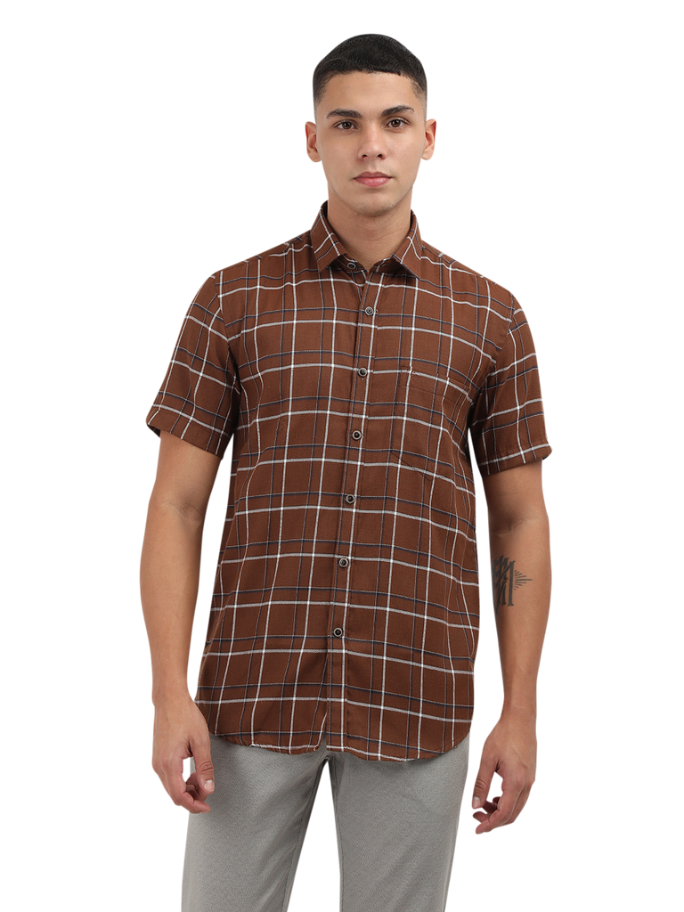 Model wearing Clarke Gable's Brown With White Checked Semi Casual Shirt in a casual setting