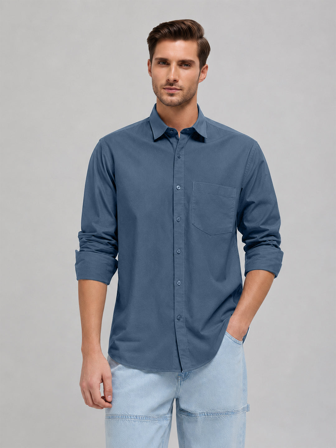Denim Blue Plain Casual Shirt