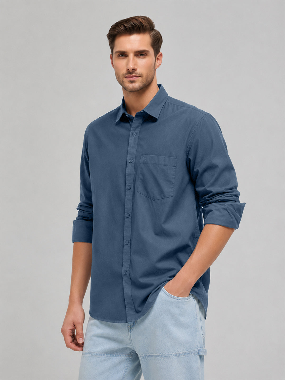 Denim Blue Plain Casual Shirt
