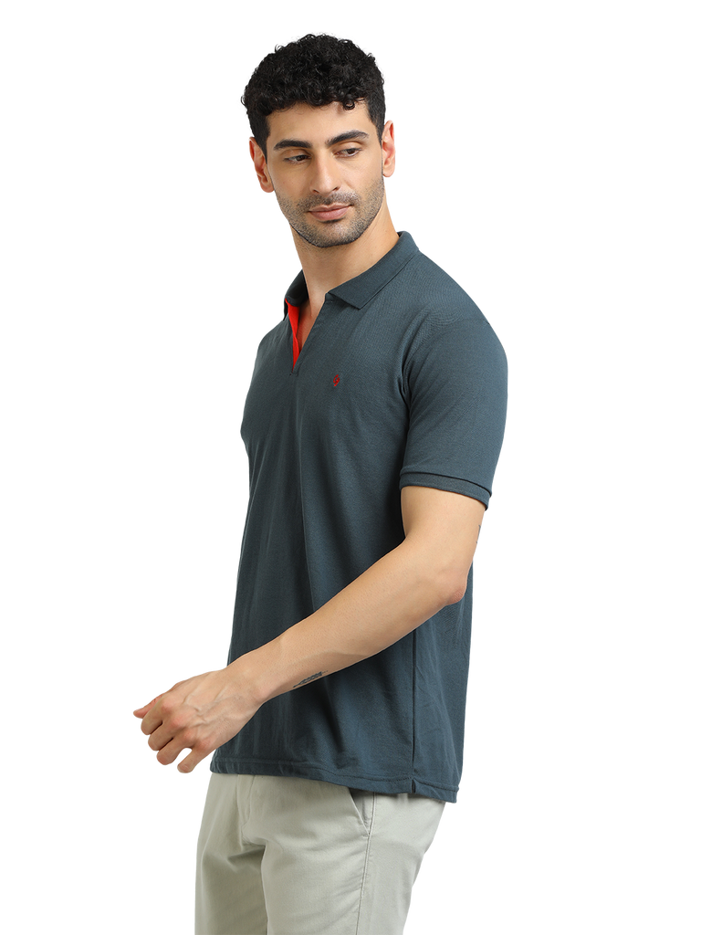 Model wearing Clarke Gable's Charcoal Solid Polo Collar T-Shirt in a casual setting