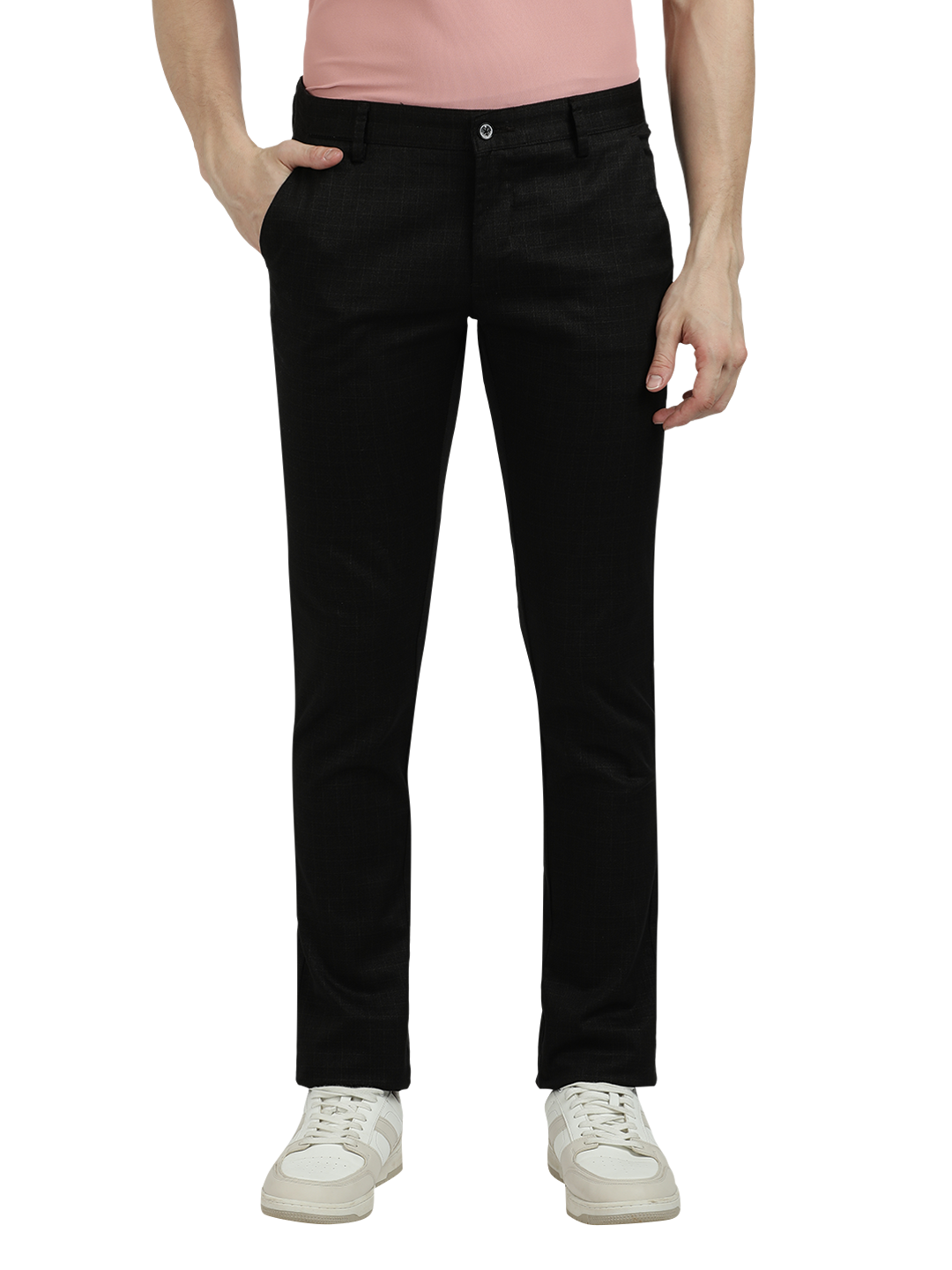 Model wearing Clarke Gable's Black Trim Fit Trousers in a casual setting