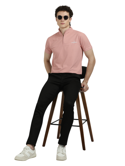 Model wearing Clarke Gable's Black Trim Fit Trousers in a casual setting