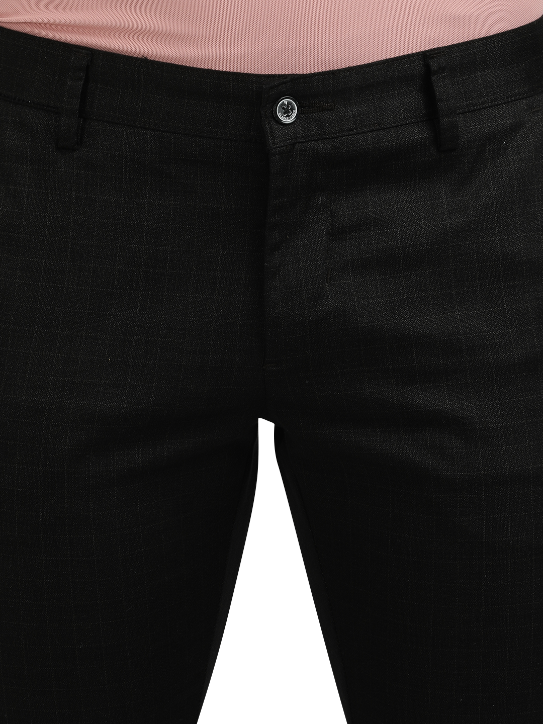 Model wearing Clarke Gable's Black Trim Fit Trousers in a casual setting