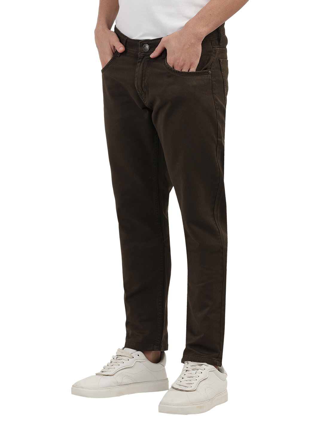 Model wearing Clarke Gable's Coolmax Coffee Skinny Fit Jeans in a casual setting