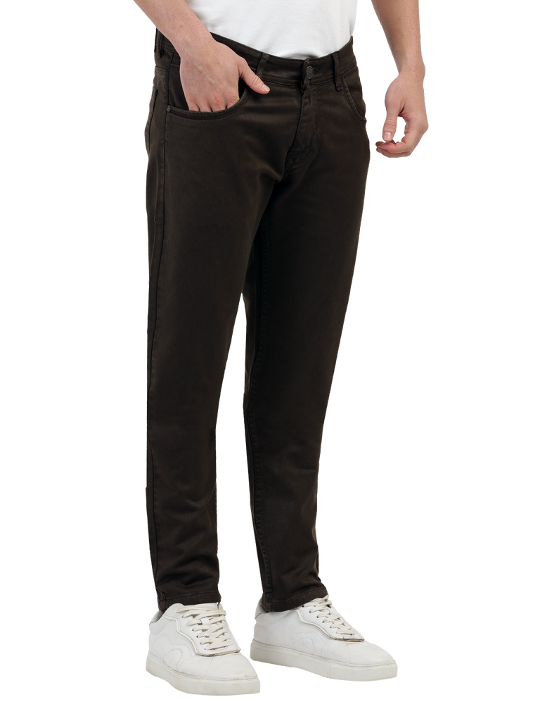 Model wearing Clarke Gable's Coolmax Coffee Skinny Fit Jeans in a casual setting