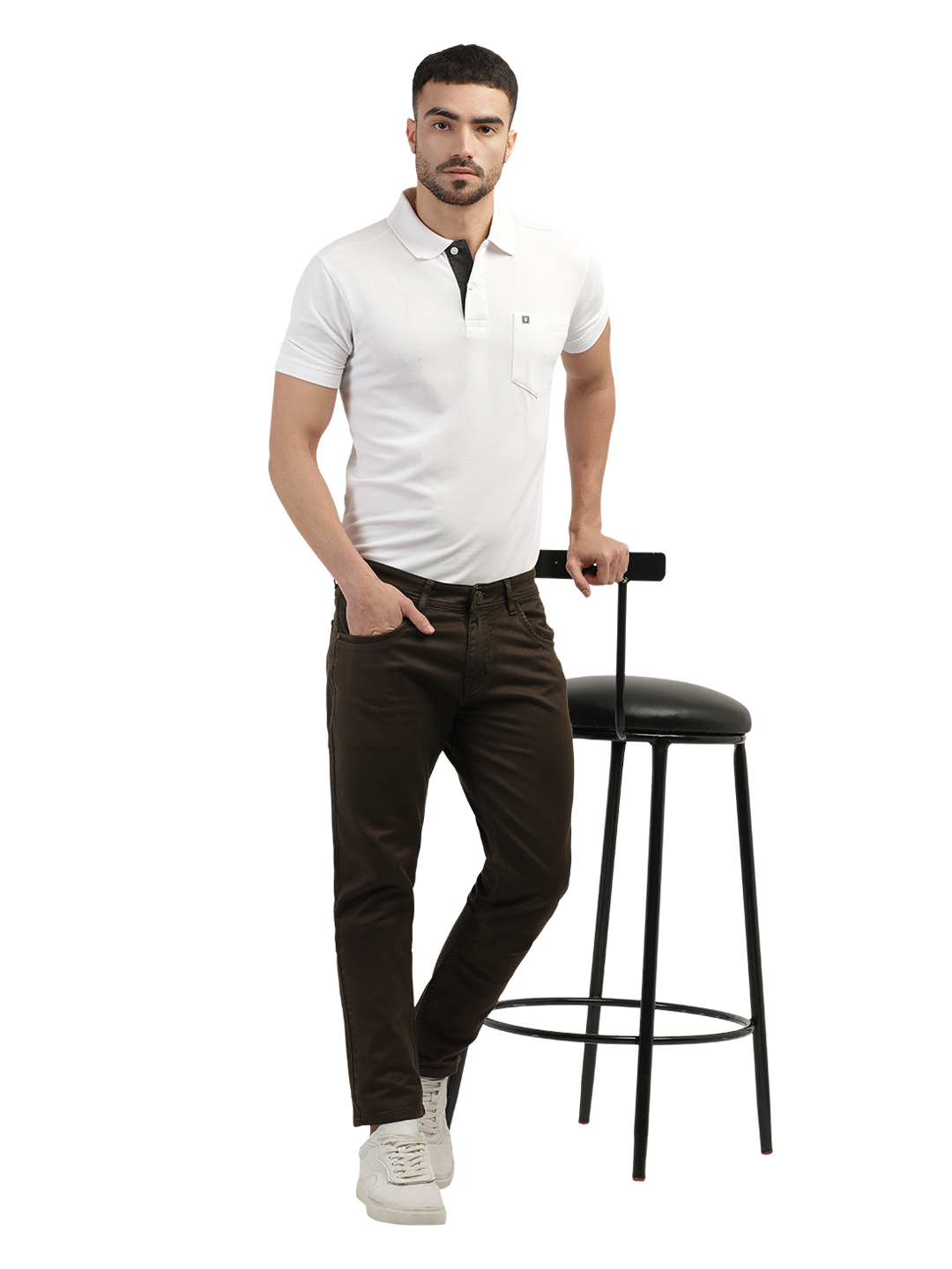 Model wearing Clarke Gable's Coolmax Coffee Skinny Fit Jeans in a casual setting