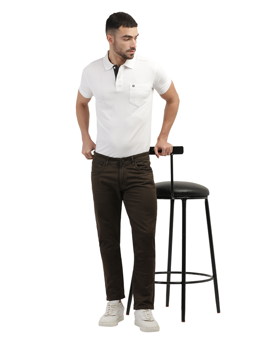 Model wearing Clarke Gable's Coolmax Coffee Skinny Fit Jeans in a casual setting