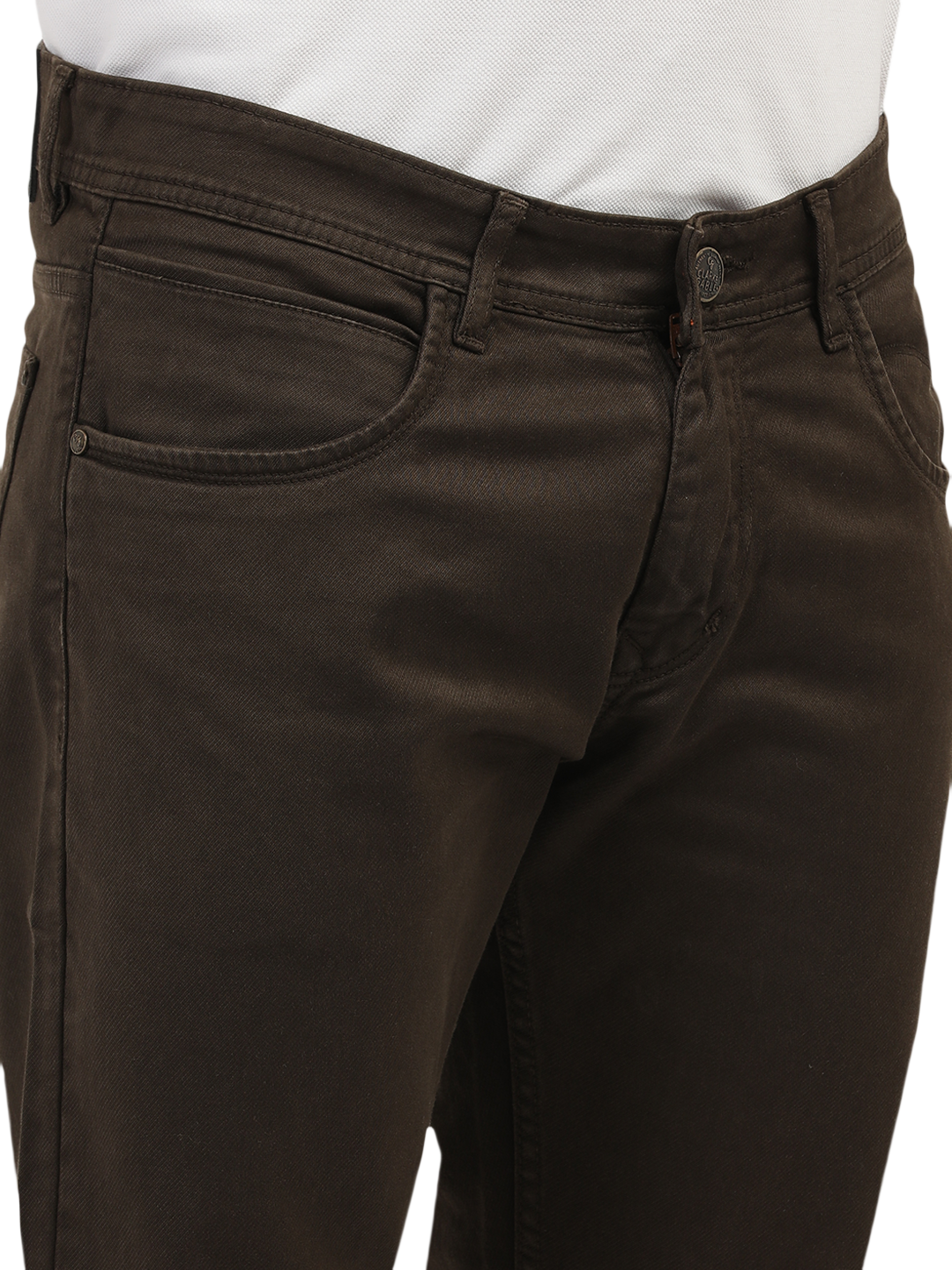 Model wearing Clarke Gable's Coolmax Coffee Skinny Fit Jeans in a casual setting