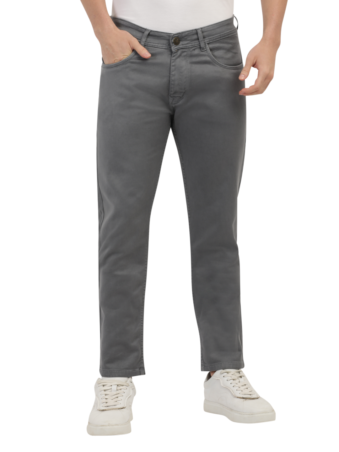 Model wearing Clarke Gable's Coolmax Grey Skinny Fit Jeans in a casual setting