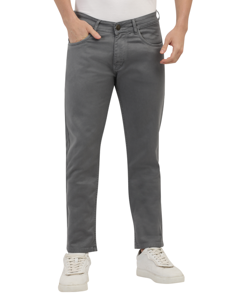 Model wearing Clarke Gable's Coolmax Grey Skinny Fit Jeans in a casual setting