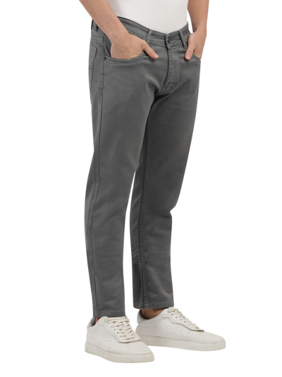 Model wearing Clarke Gable's Coolmax Grey Skinny Fit Jeans in a casual setting