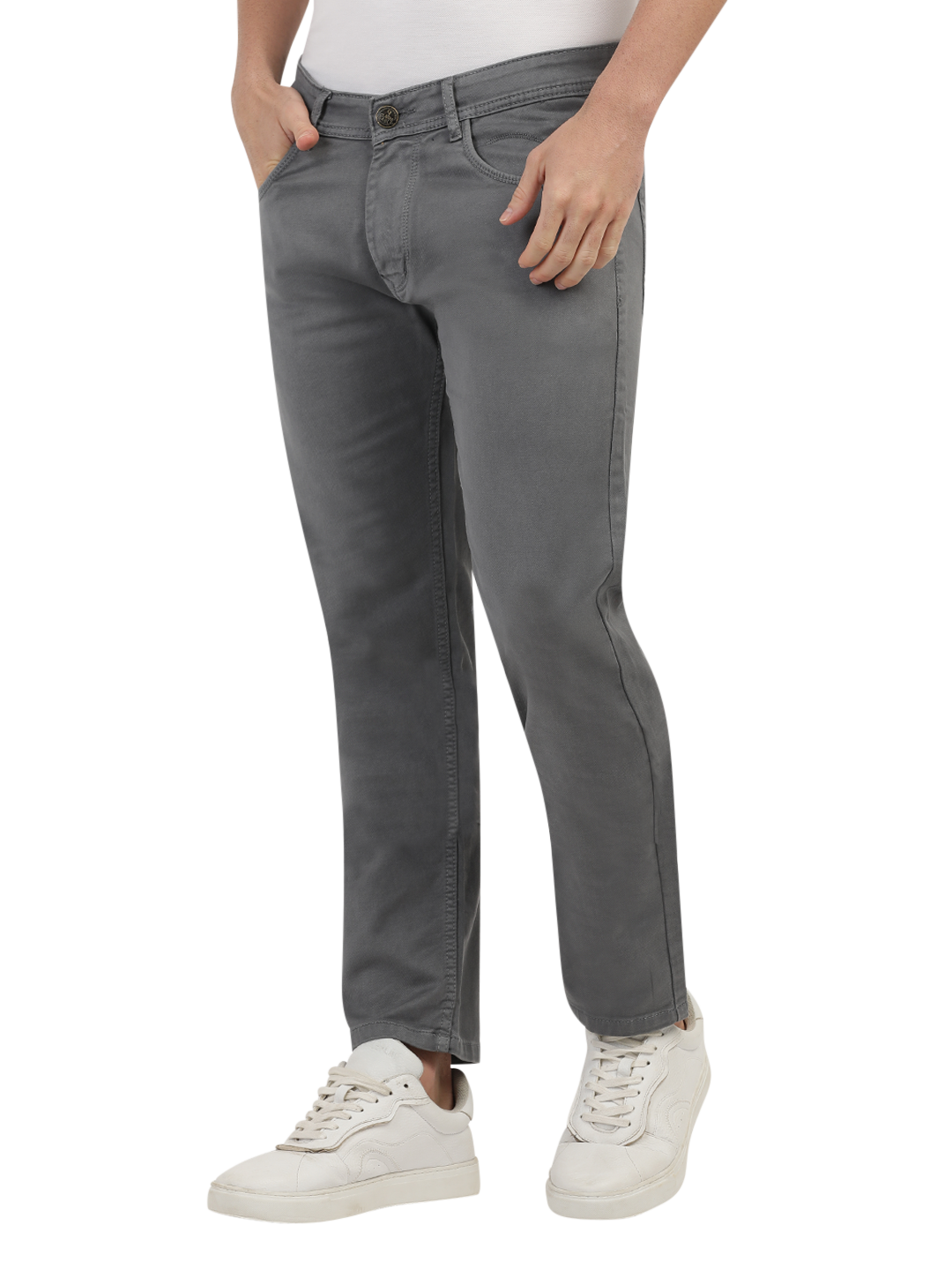 Model wearing Clarke Gable's Coolmax Grey Skinny Fit Jeans in a casual setting