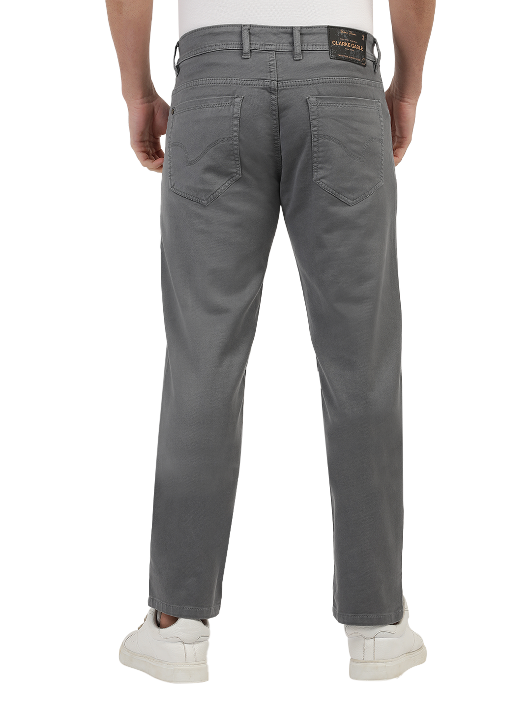 Model wearing Clarke Gable's Coolmax Grey Skinny Fit Jeans in a casual setting