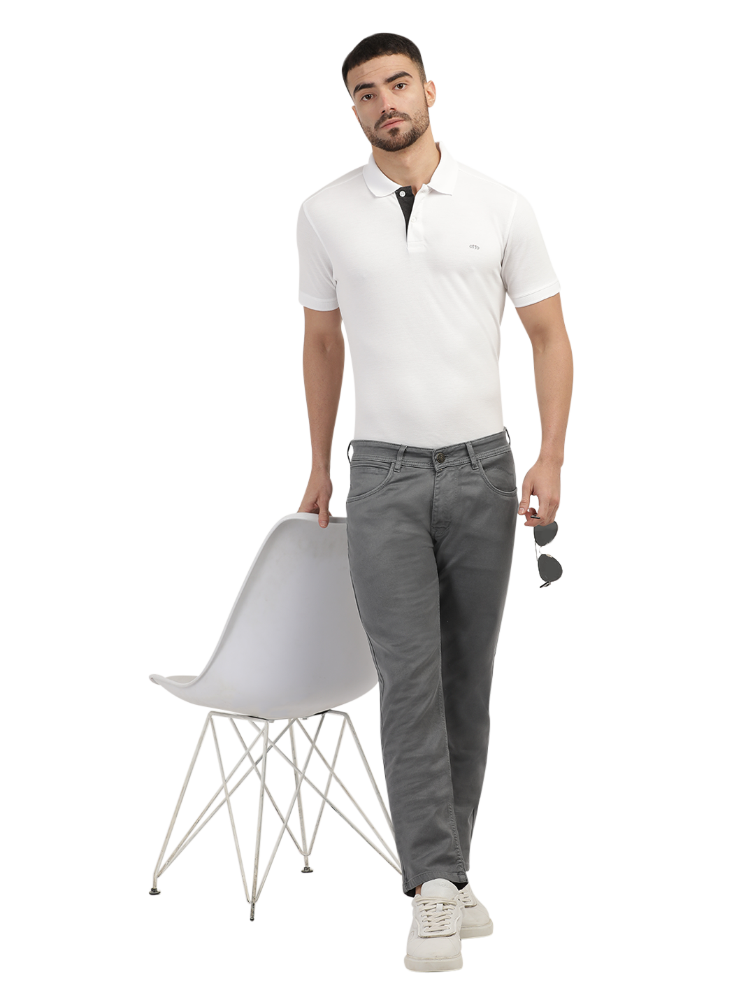 Model wearing Clarke Gable's Coolmax Grey Skinny Fit Jeans in a casual setting