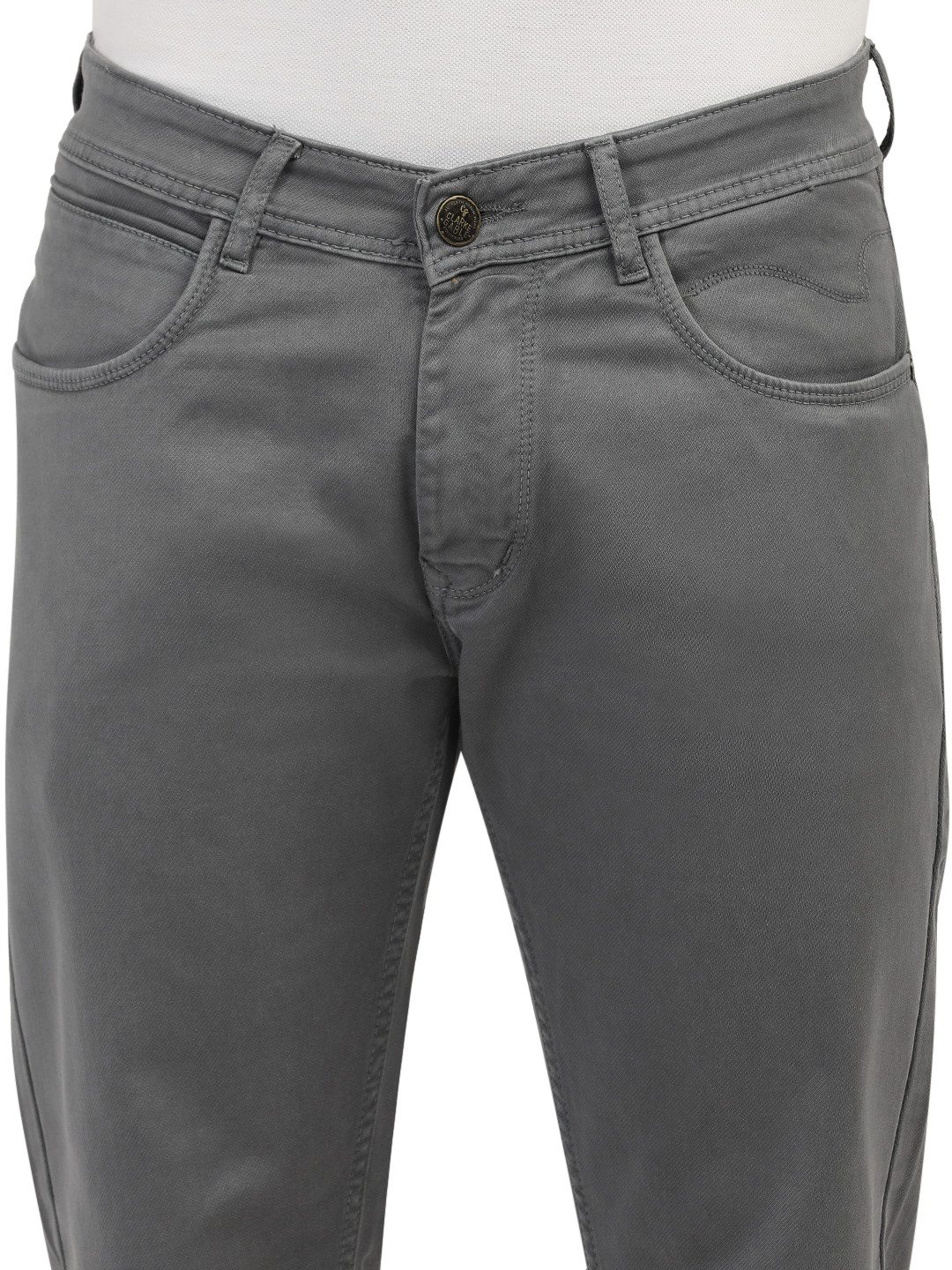 Model wearing Clarke Gable's Coolmax Grey Skinny Fit Jeans in a casual setting