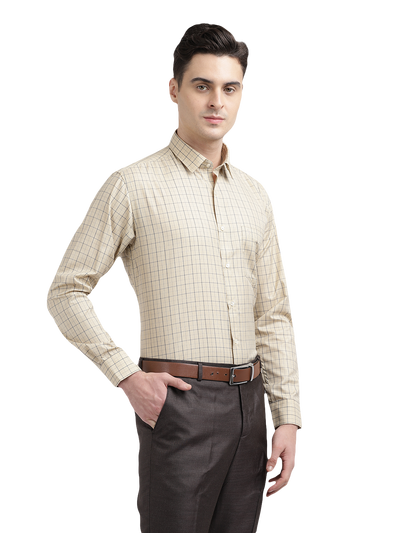 Model wearing Clarke Gable's Cream Checked Formal Shirt in a casual setting