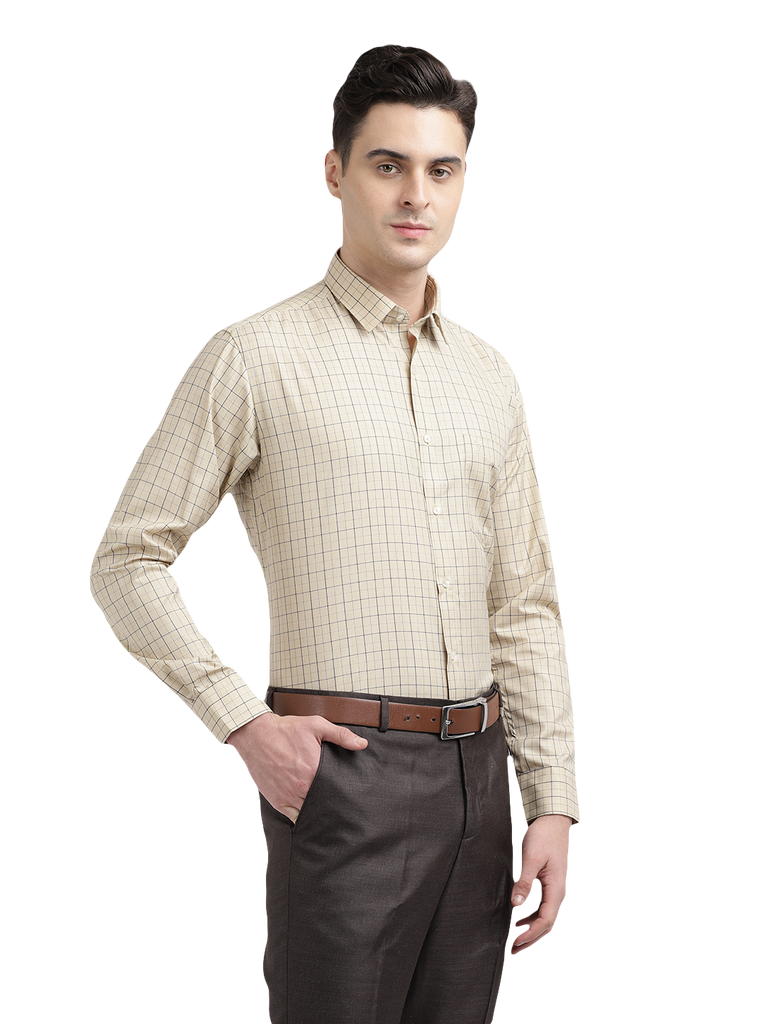 Model wearing Clarke Gable's Cream Checked Formal Shirt in a casual setting