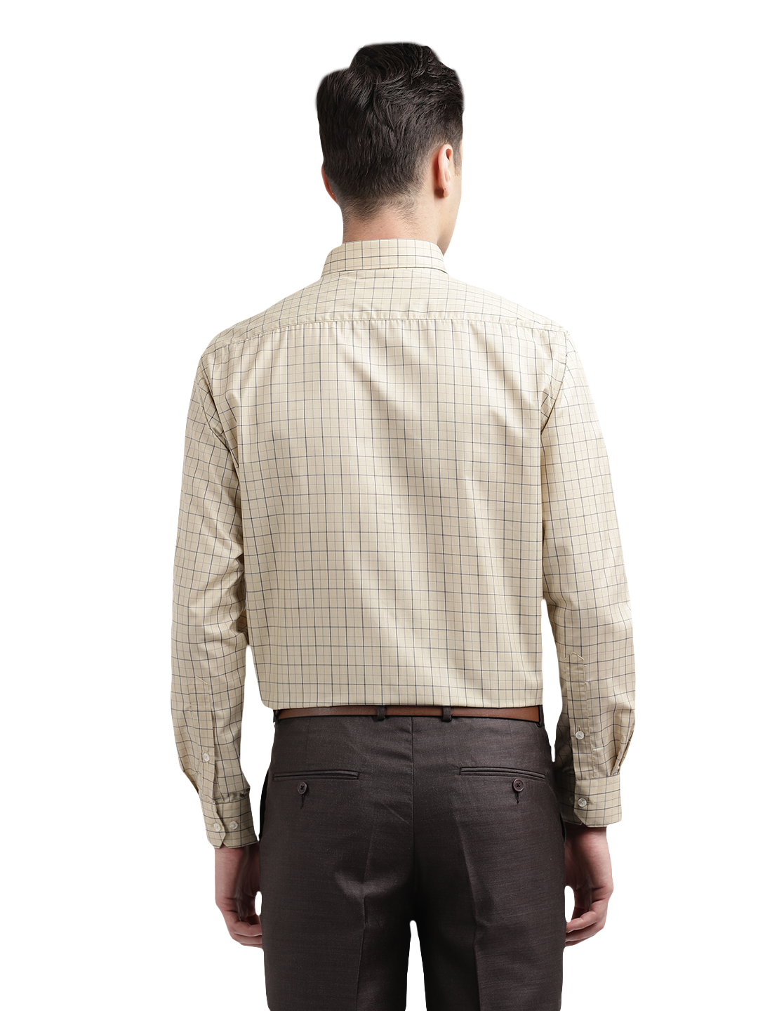 Model wearing Clarke Gable's Cream Checked Formal Shirt in a casual setting