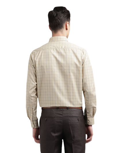 Model wearing Clarke Gable's Cream Checked Formal Shirt in a casual setting