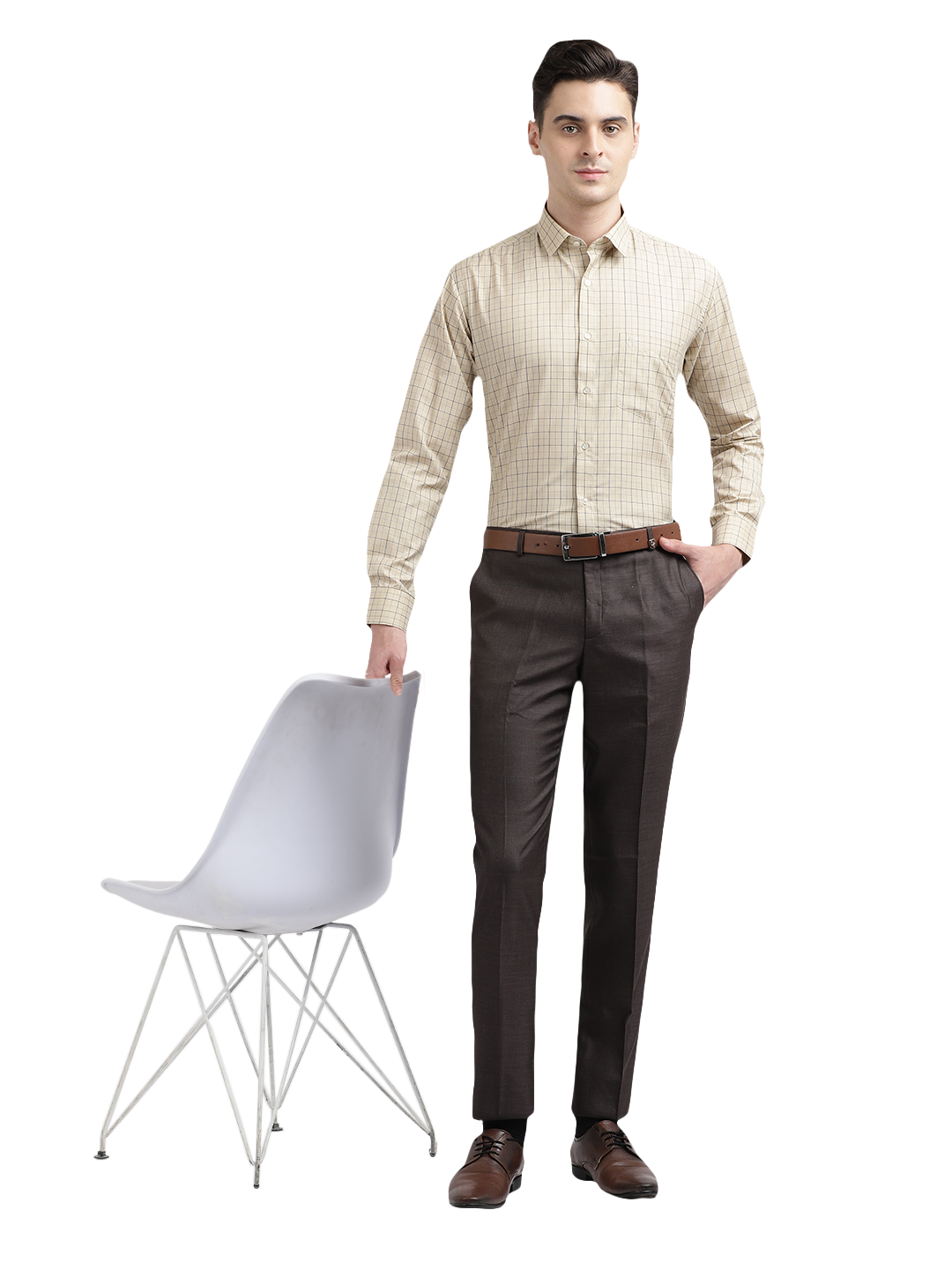 Model wearing Clarke Gable's Cream Checked Formal Shirt in a casual setting