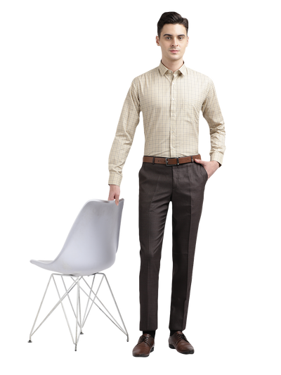 Model wearing Clarke Gable's Cream Checked Formal Shirt in a casual setting