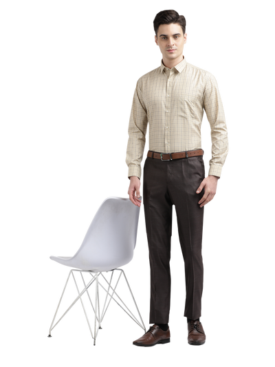 Model wearing Clarke Gable's Cream Checked Formal Shirt in a casual setting