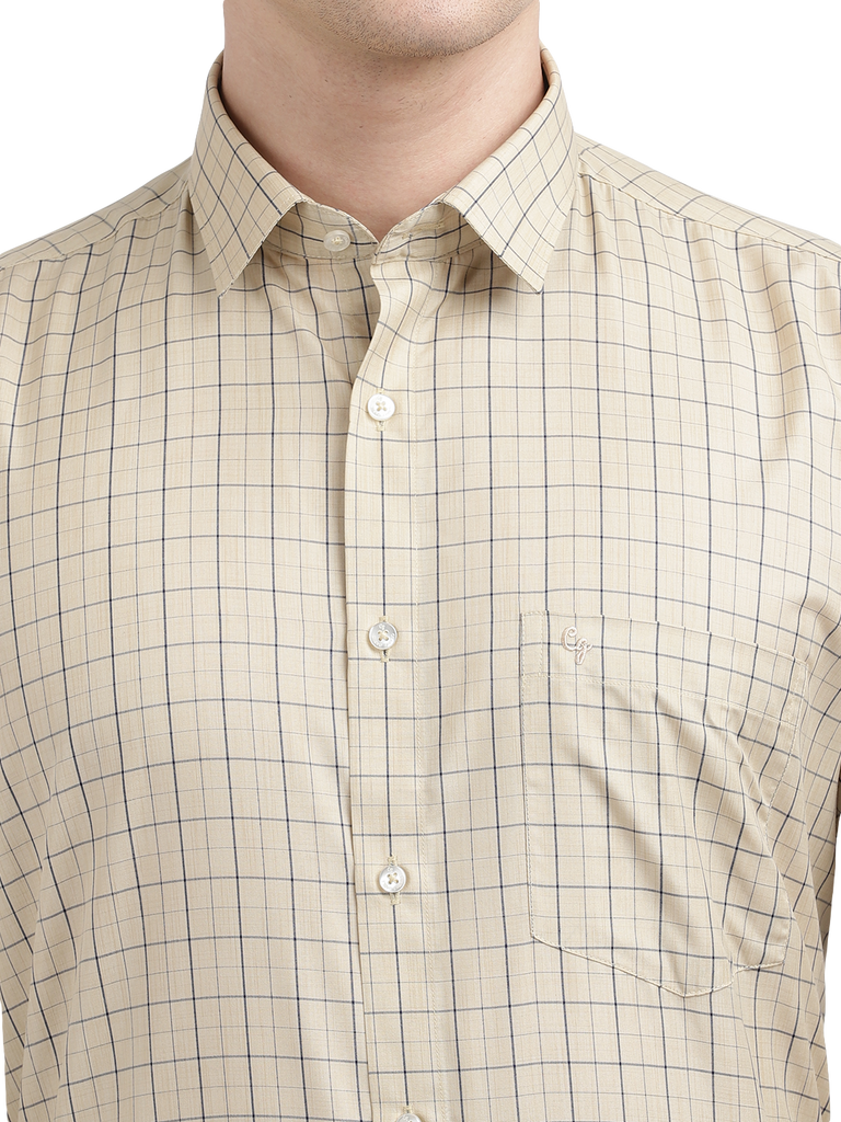 Model wearing Clarke Gable's Cream Checked Formal Shirt in a casual setting