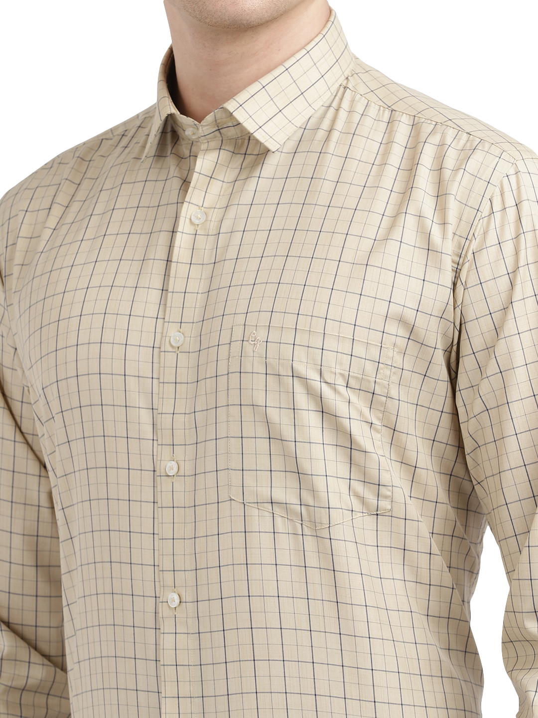 Model wearing Clarke Gable's Cream Checked Formal Shirt in a casual setting