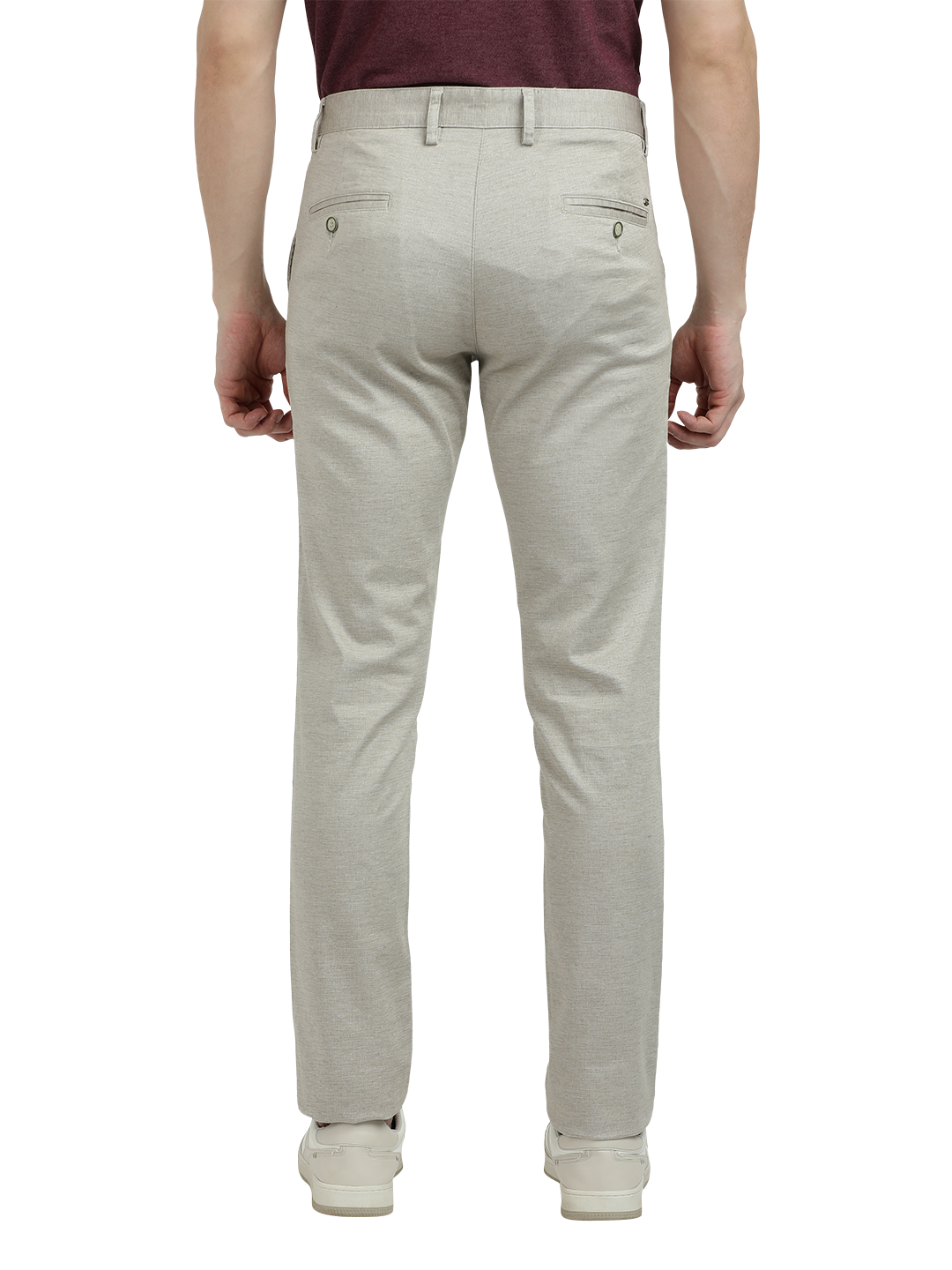Model wearing Clarke Gable's Cream Custom Fit Trousers in a casual setting