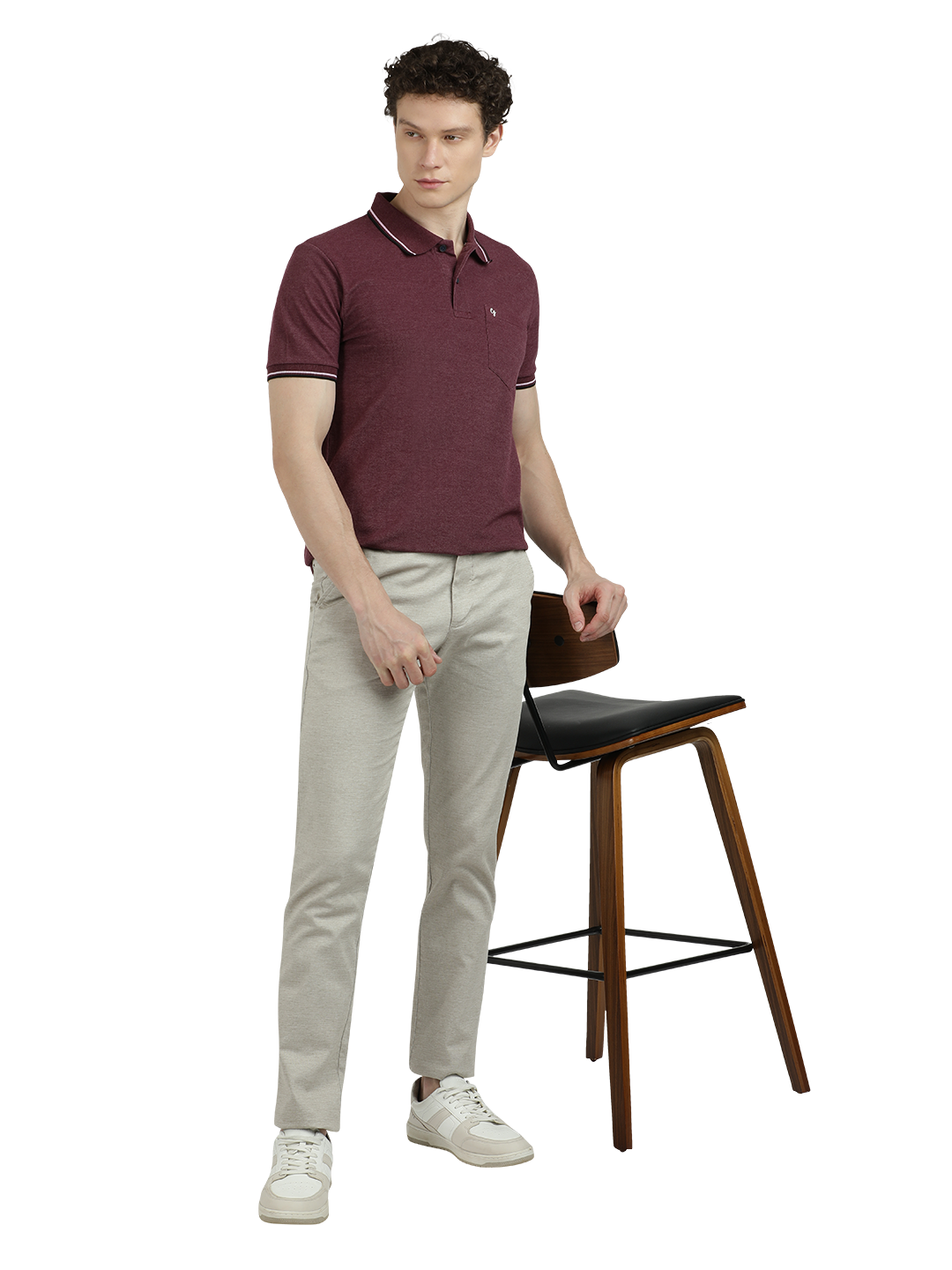 Model wearing Clarke Gable's Cream Custom Fit Trousers in a casual setting