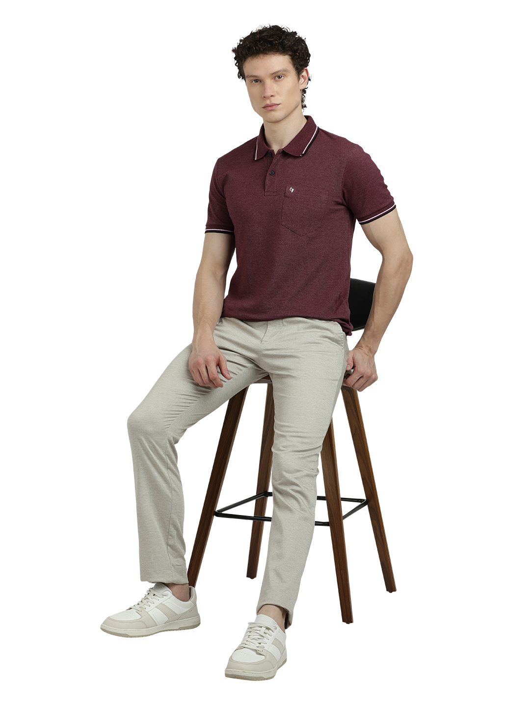 Model wearing Clarke Gable's Cream Custom Fit Trousers in a casual setting