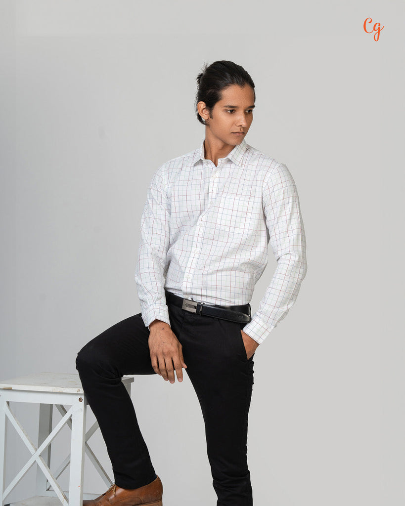 Model dressed in Clarke Gable's White Checks Semi Casual Shirt in a casual setting
