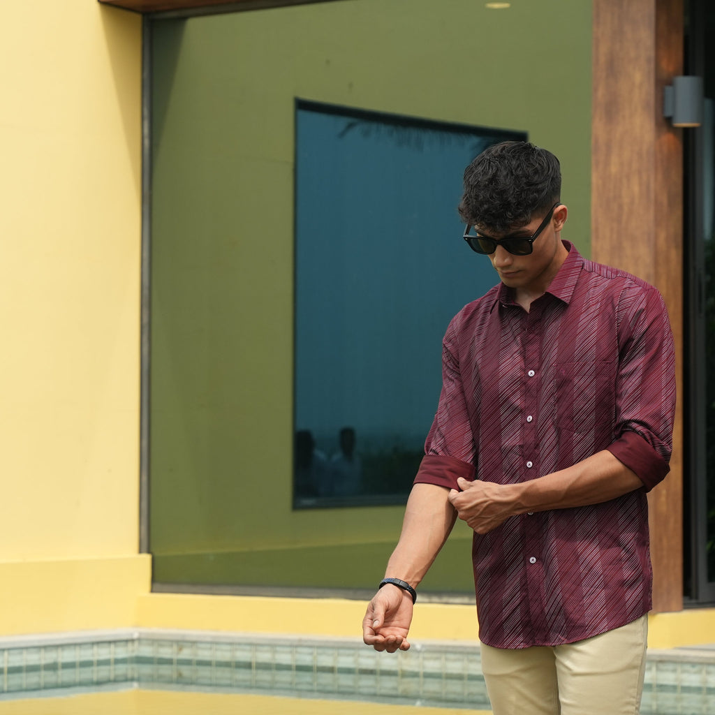 Model wearing Clarke Gable's Maroon Printed Casual Shirt in a casual setting