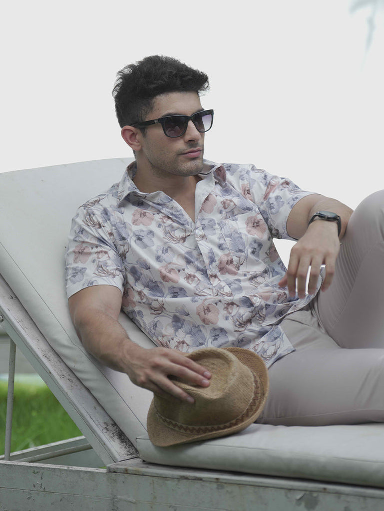 Model wearing Clarke Gable's Grey Printed Casual Shirt in a casual setting