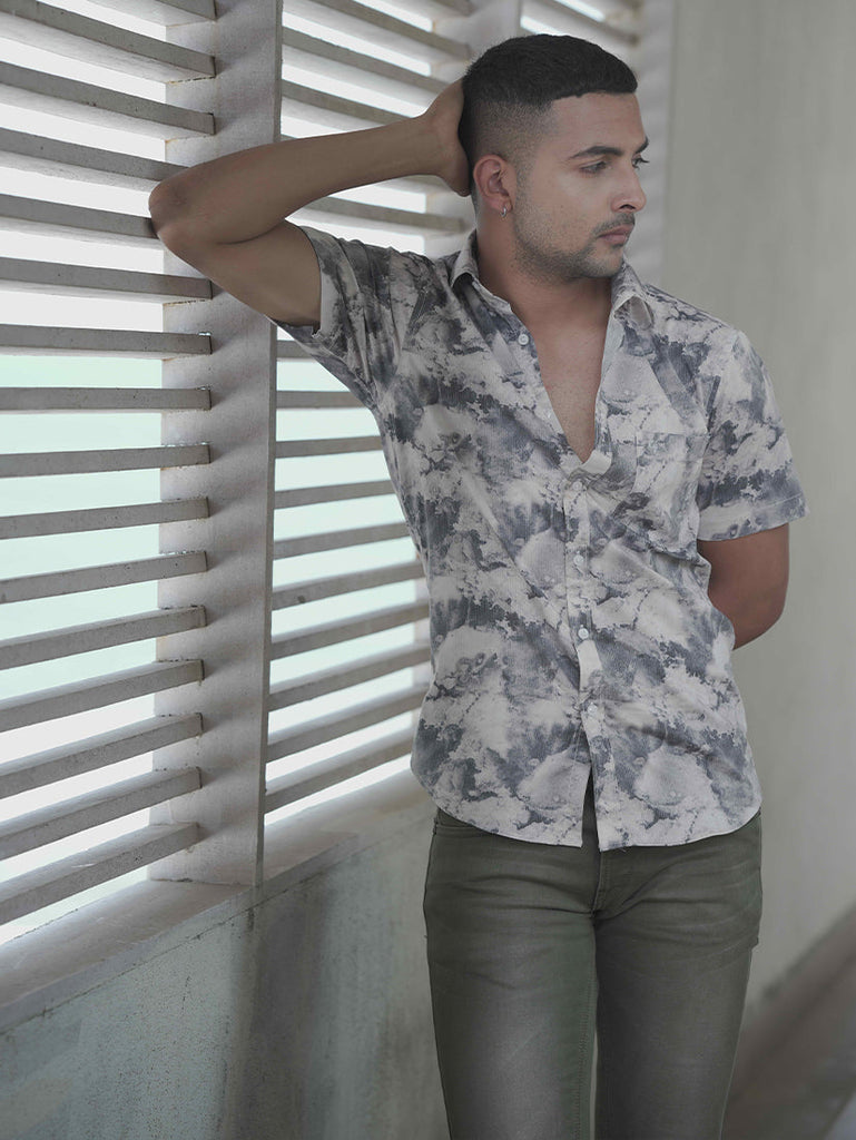 Model wearing Clarke Gable's Black Marble Print Casual Shirt in a casual setting