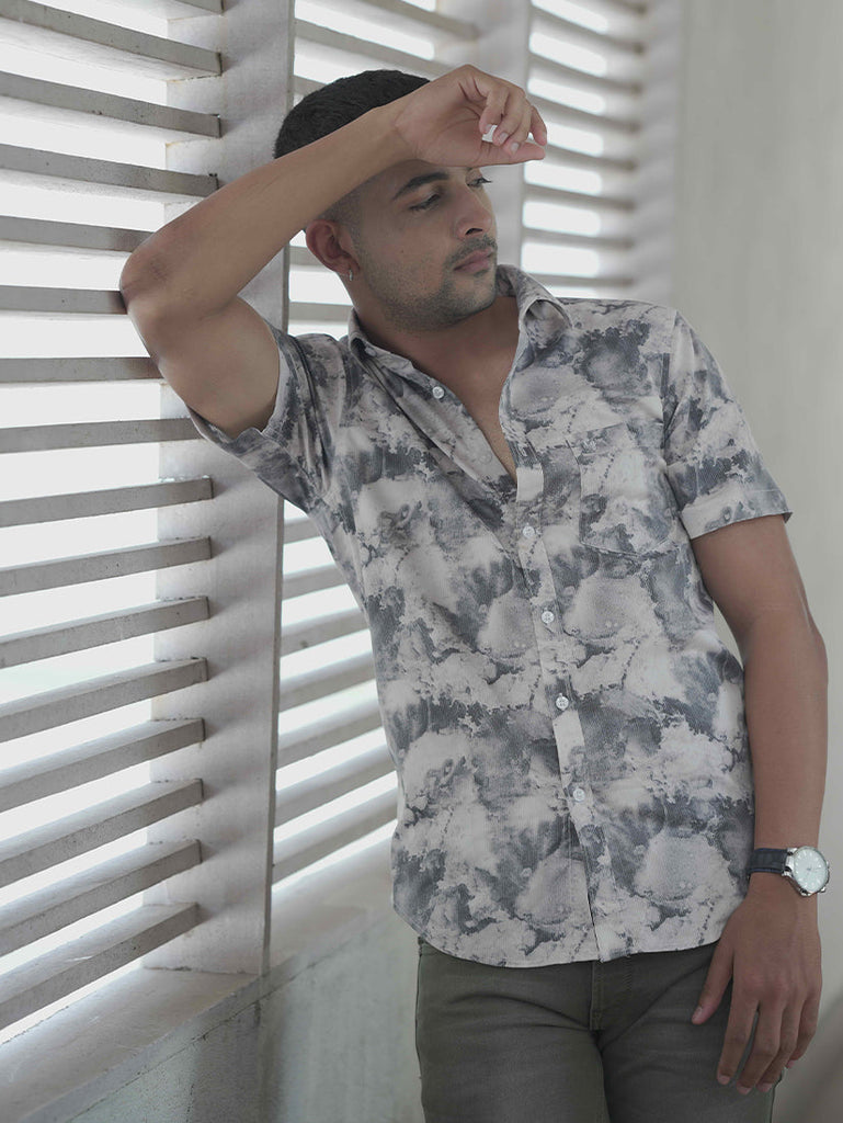 Model wearing Clarke Gable's Black Marble Print Casual Shirt in a casual setting