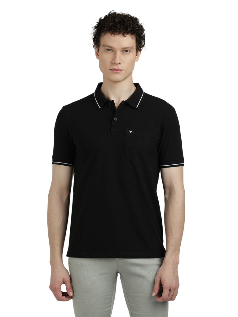 Model wearing Clarke Gable's Dark Black Solid Polo Collar T-Shirt in a casual setting