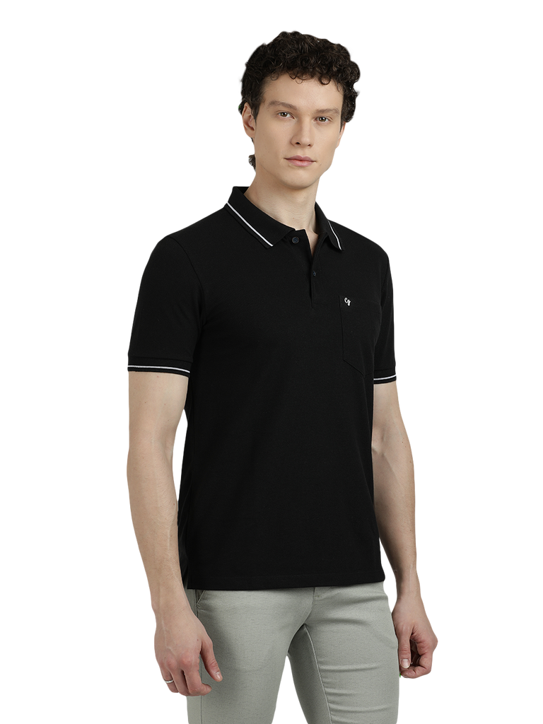 Model wearing Clarke Gable's Dark Black Solid Polo Collar T-Shirt in a casual setting