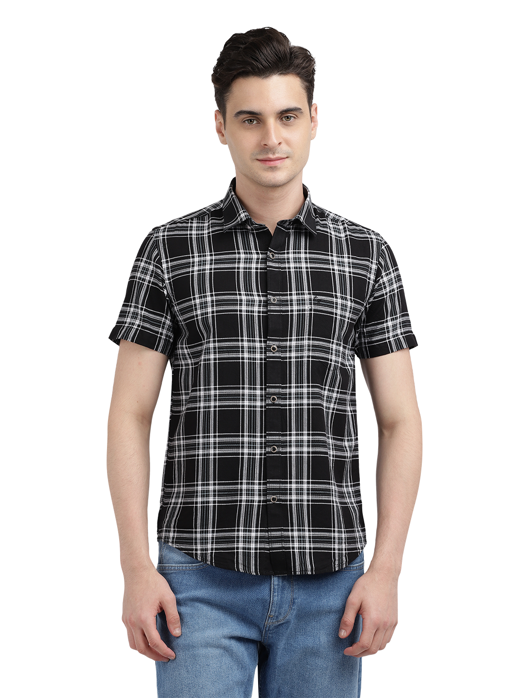 Model wearing Clarke Gable's Dark Black With White Checked Casual Shirt in a casual setting