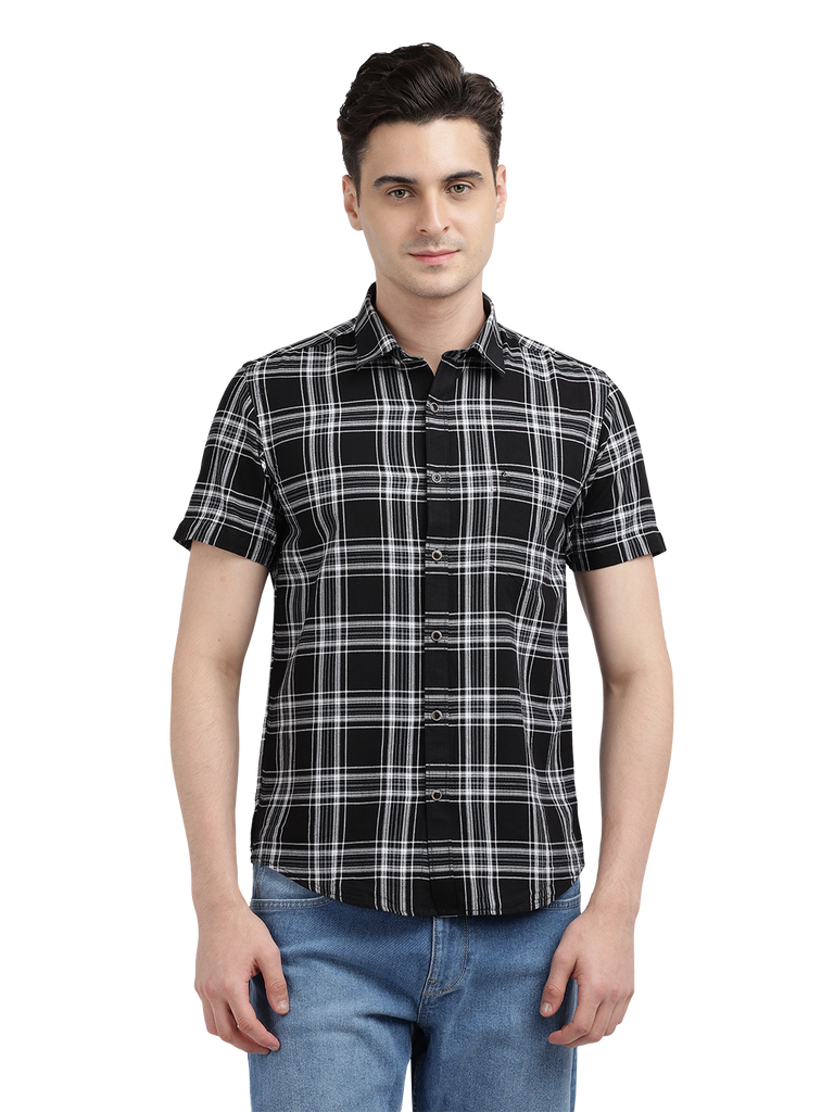 Model wearing Clarke Gable's Dark Black With White Checked Casual Shirt in a casual setting