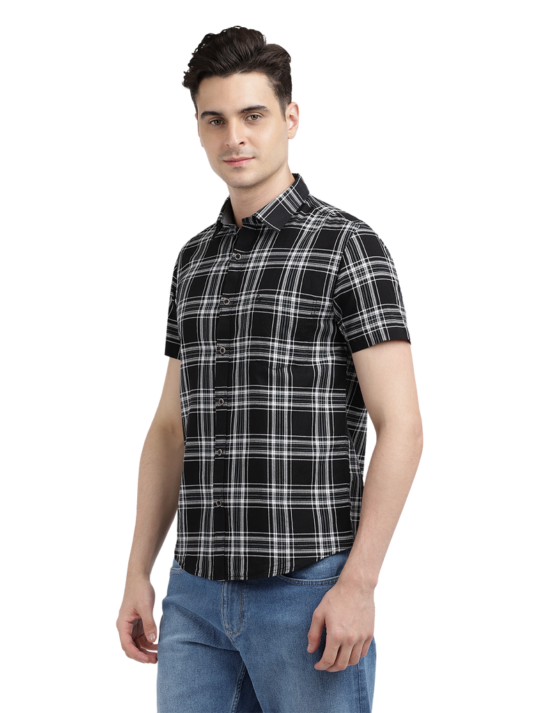 Model wearing Clarke Gable's Dark Black With White Checked Casual Shirt in a casual setting