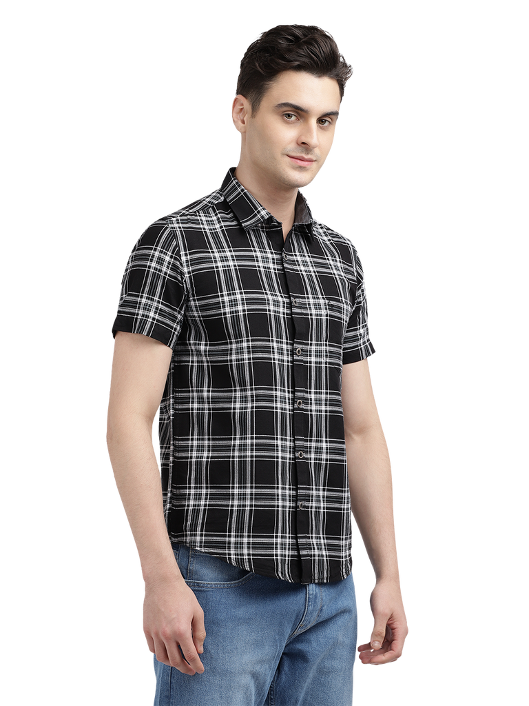 Model wearing Clarke Gable's Dark Black With White Checked Casual Shirt in a casual setting