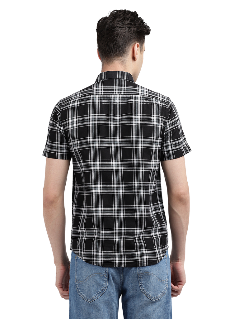 Model wearing Clarke Gable's Dark Black With White Checked Casual Shirt in a casual setting