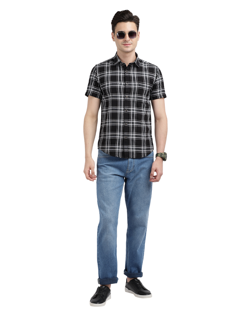 Model wearing Clarke Gable's Dark Black With White Checked Casual Shirt in a casual setting