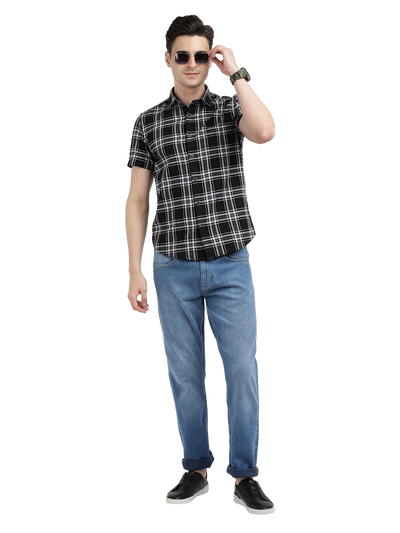Model wearing Clarke Gable's Dark Black With White Checked Casual Shirt in a casual setting