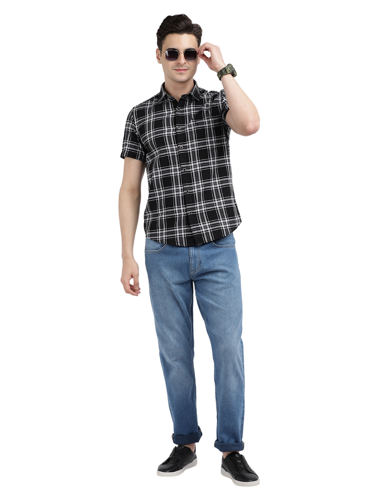 Model wearing Clarke Gable's Dark Black With White Checked Casual Shirt in a casual setting