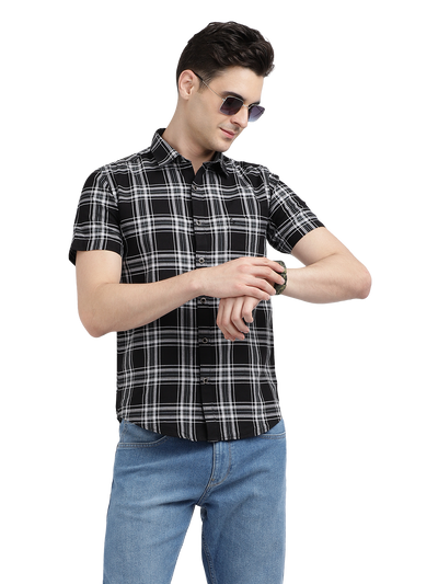 Model wearing Clarke Gable's Dark Black With White Checked Casual Shirt in a casual setting