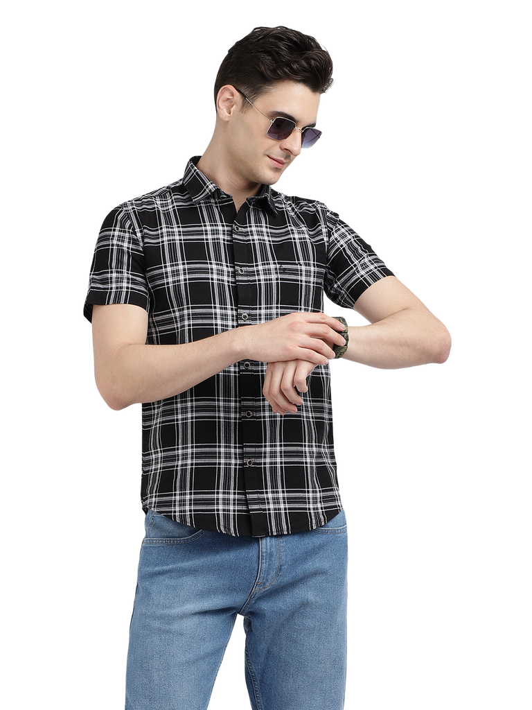 Model wearing Clarke Gable's Dark Black With White Checked Casual Shirt in a casual setting